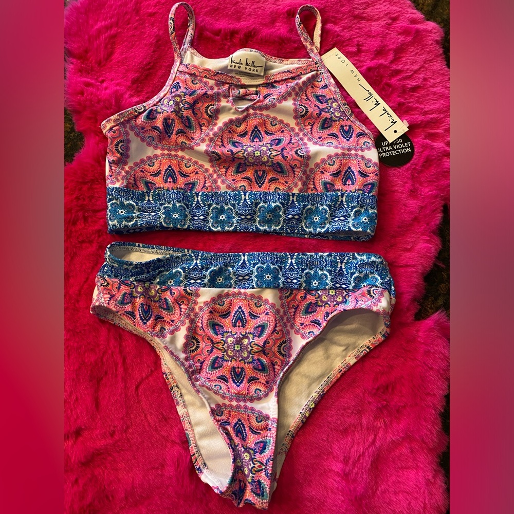 Nicole Miller Girls Medallion Swim 2 Piece Set- Pink, Blue, Multi (M, size 10)